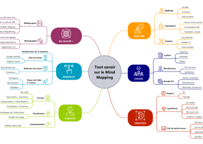 Carte mentale (mind mapping) représentant un brainstorming avec idées organisées en branches colorées autour d’un sujet central.